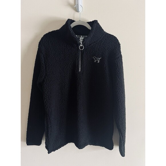 Victoria’s Secret PINK Small Black 1/4 Zip Pullover Sherpa Fleece Dog Logo NWT‎ - Picture 1 of 4